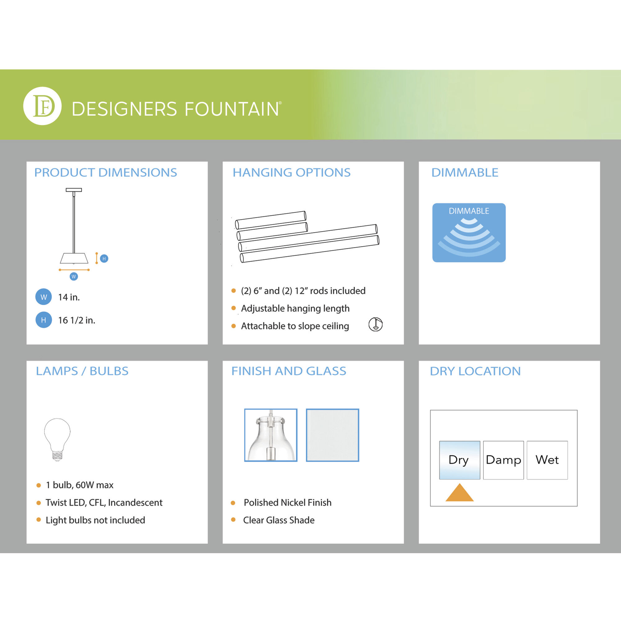 Lakeview 1 Light 14 inch Polished Nickel Pendant Ceiling Light